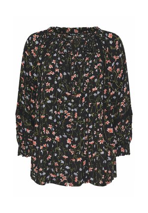 Musta pitkähihainen pusero, jossa on vaaleanpunainen ja vaaleansininen kukkakuvio, napit edessä, ryppyinen pääntie ja joustavat hihansuut.