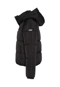 Sort dunjakke med hætte, udført med quiltede sektioner, lynlås foran og lynlåslommer i siderne. Blødt, let materiale.