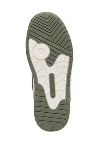 Schuhsohle mit einer grünen Gummilaufsohle mit strukturierten Grip-Mustern, leicht beige Zwischensohle und Logo-Details in der Mitte.