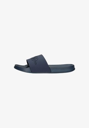 Navy blue slide sandal made of textured synthetic material with a wide strap and embossed logo detail. Flat sole for casual wear.