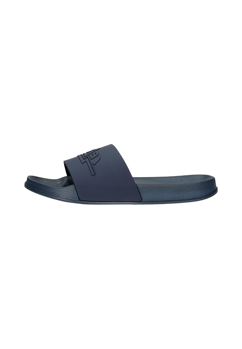 Navy blue slide sandal made of textured synthetic material with a wide strap and embossed logo detail. Flat sole for casual wear.