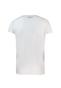 Camiseta blanca de manga corta hecha de algodón. Presenta un cuello redondo y una textura suave, sin patrones o diseños visibles.