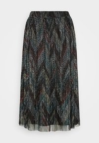 Skládaná sukně vyrobená ze strukturované látky v tmavých barvách, s chevronovým vzorem a třpytivými akcenty. Elastický pas.