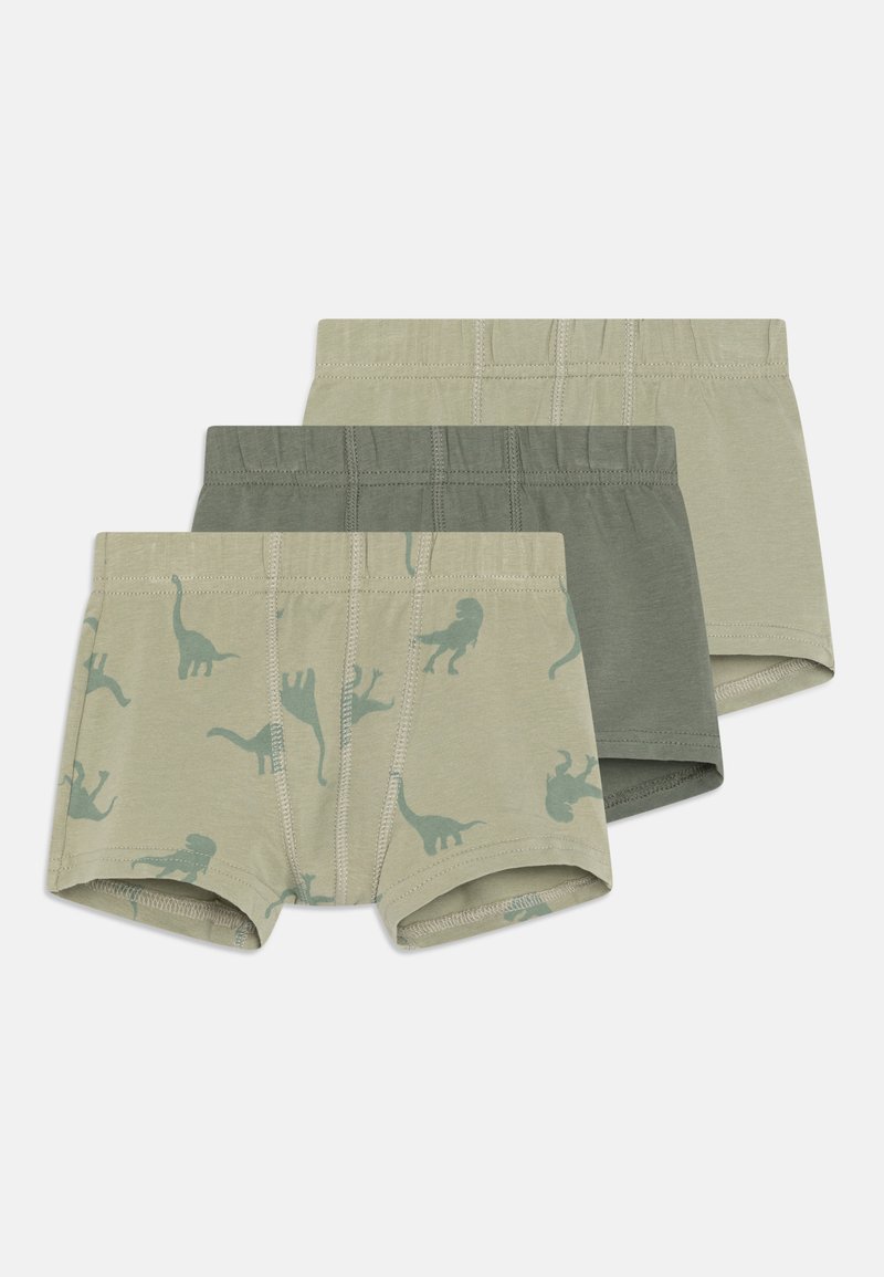 Drei Paare Jungen-Shorts in Hellgrün, Dunkelgrün und Beige mit Dinosaurier-Motiven. Aus weichem Baumwollmaterial mit elastischen Taillenbündchen.