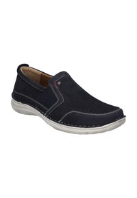 Navy modré nubukové boty na slip-on, s elastickými bočními panely, bílým prošitím a strukturovanou gumovou podrážkou. Obsahuje malý kovový akcent.
