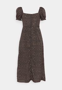 Černé midi šaty s krátkými puff rukávy, čtvercovým výstřihem a rozptýleným květinovým vzorem v béžových a růžových tónech po celé ploše.