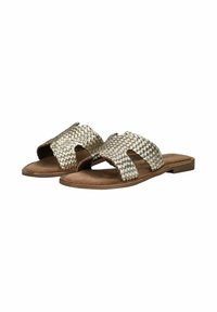Geweven slip-on sandalen in metallic goud kleur met twee brede kruistraps en een vlakke bruine zool, met een gladde textuur en een minimalistisch ontwerp.