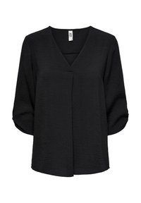 Blouse noire en tissu texturé, dotée d'un col en V, de manches trois-quarts et d'une coupe ample. Design simple sans motifs ni accents.