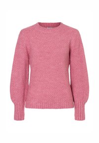 Rosa gestrickter Pullover mit Rundhalsausschnitt, strukturiertem Körper und Ärmeln im Ballonstil; gerippter Saum und Bündchen bieten zusätzliche Details.