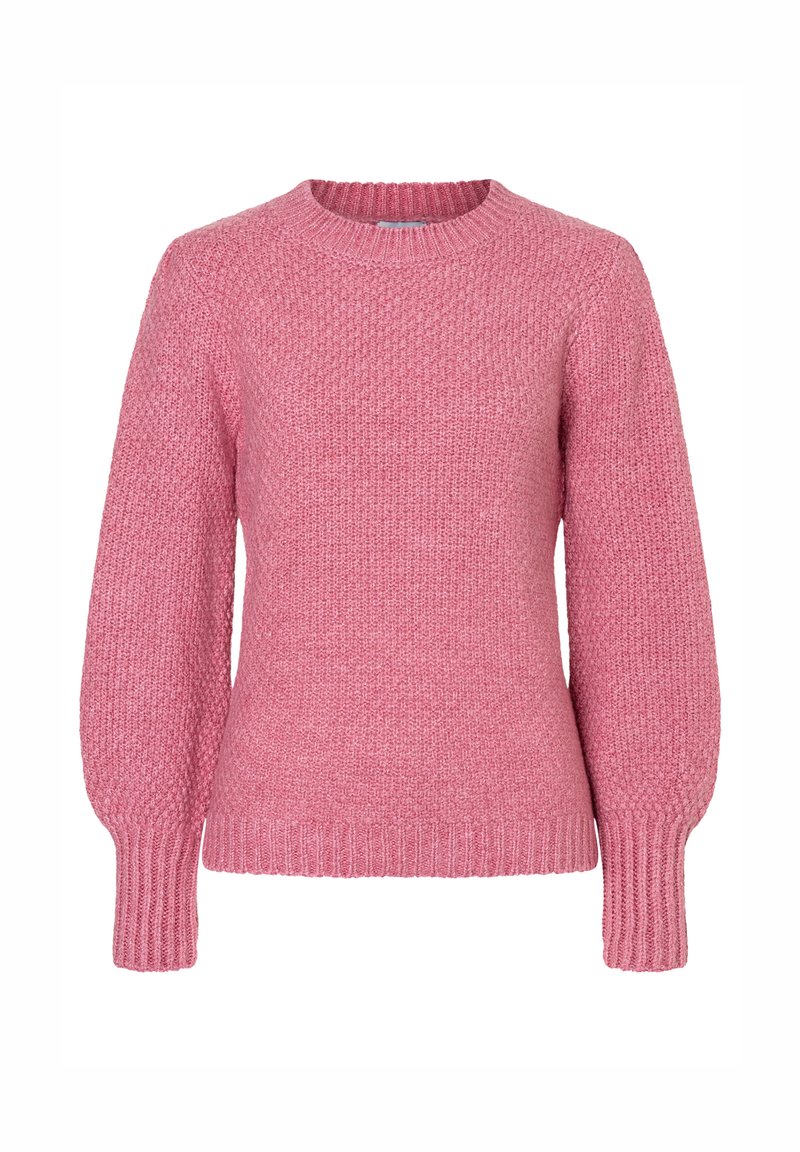 Rosa gestrickter Pullover mit Rundhalsausschnitt, strukturiertem Körper und Ärmeln im Ballonstil; gerippter Saum und Bündchen bieten zusätzliche Details.