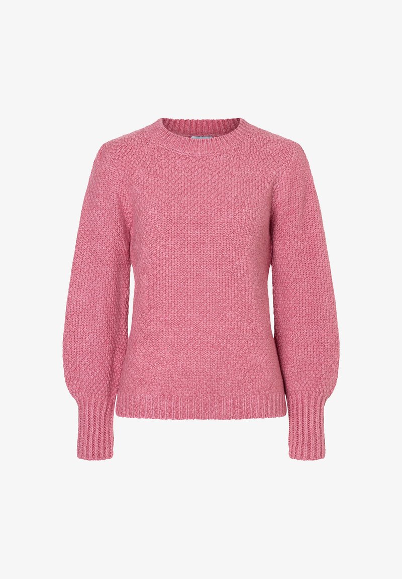 Rosa gestrickter Pullover mit Rundhalsausschnitt, strukturiertem Körper und Ärmeln im Ballonstil; gerippter Saum und Bündchen bieten zusätzliche Details.