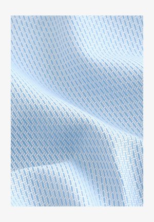 Hele sinine mustriga kangas, millel on tekstureeritud, kootud disain koos peene ja peene geomeetrilise mustriga. Pehme ja siledas tekstuur.