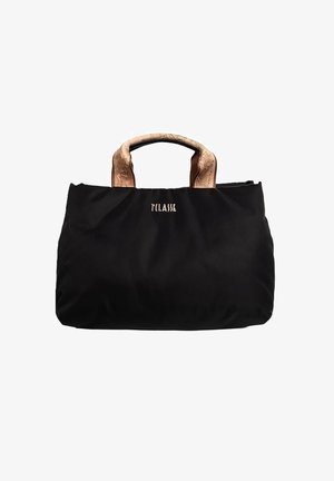 Borsa tote nera con manici beige a motivo e piccolo logo dorato "T KLASSE" centrato sotto i manici.