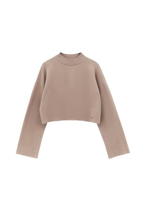 Beige cropped sweatshirt met een geribbelde ronde hals, wijde mouwen en een zachte textuur. Voorzien van een klein logo detail aan de zoom.