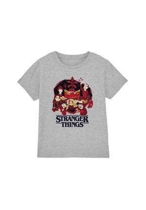 Gray cotton t-shirt featuring a graphic of characters from "Stranger Things" with vibrant red and black accents, round neckline, short sleeves.