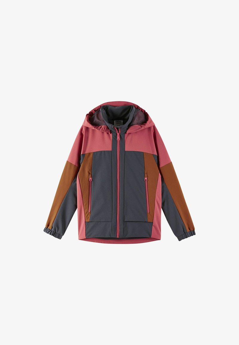 Color-blocked jacket featuring a pink and gray design with brown accents, a hood, front zipper, and two zippered pockets. Soft texture.