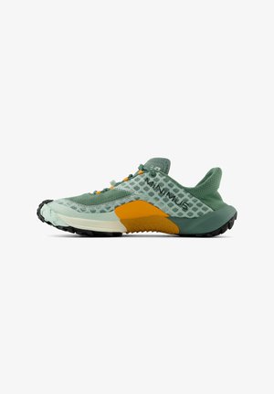 Lightweight athletic shoes featuring a mesh upper in green, orange accent, textured sole, and a low-profile design for stability.