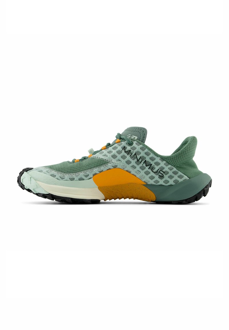 Lightweight athletic shoes featuring a mesh upper in green, orange accent, textured sole, and a low-profile design for stability.