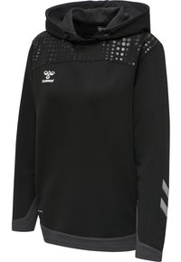Sweat-shirt noir à capuche avec poignets gris, motif à points réfléchissants sur les épaules, et logo hummel sur la poitrine et la manche.