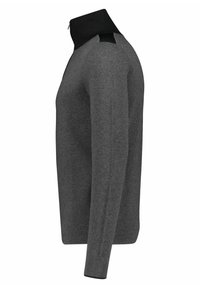 Grå tröja med hög krage och svarta detaljer, tillverkad av ett strukturerat stickat material. Långa ärmar och figursydd silhuett.
