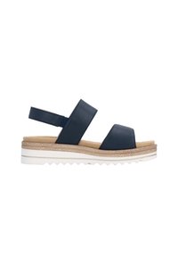 Navy blue sandal with two wide straps, a textured midsole, and a light-colored, cushioned footbed. White, ridged outsole for grip.
