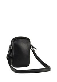 Borsa a tracolla in pelle nera con forma rettangolare, chiusura con zip, tracolla regolabile e superficie liscia. Design minimalista senza hardware visibile.