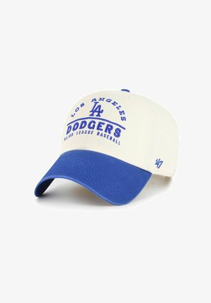 Weiße Baseballkappe mit blauem Schirm und Details. Mit gesticktem "Los Angeles Dodgers"-Logo und "47" an der Seite. Aus Baumwollmaterial.