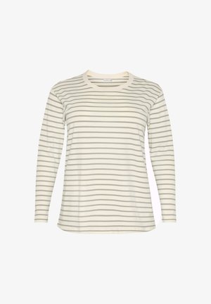 Chemise à manches longues en tissu doux, ornée de fines rayures grises sur un fond crème, avec un col rond et une coupe décontractée.