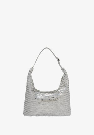 Sølvfarvet paillet skuldertaske med en blød, tekstureret overflade. Har en buet form og en enkelt skulderrem. Lynlås lukning øverst.