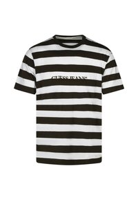 T-shirt à rayures noires et blanches, manches courtes, col rond, avec le logo "GUESS JEANS" en couture marron sur le devant.