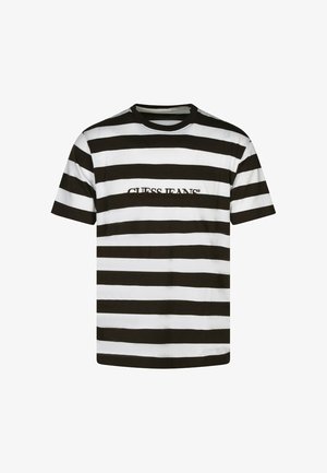 T-shirt à rayures noires et blanches, manches courtes, col rond, avec le logo "GUESS JEANS" en couture marron sur le devant.
