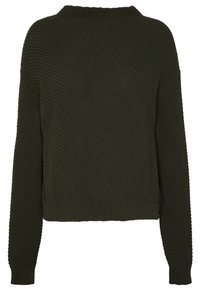 Ciemnozielony sweter z dzianiny o teksturowanej powierzchni, okrągły dekolt i długie rękawy. Posiada ściągacze przy mankietach i u dołu. Widok z tyłu.