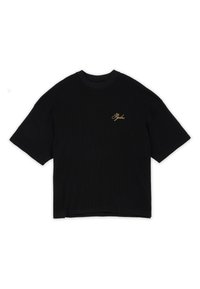 Svart bomull t-shirt med kort ärm och ribbad textur samt rund halsringning. Har en liten guldfärgad logotyp på vänster bröst.