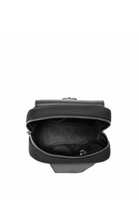 Czarna skórzana torba z zapięciem na zamek błyskawiczny, o gładkiej fakturze i niepodszewkowanym wnętrzu. Torba ma kompaktowy, prostokątny kształt.