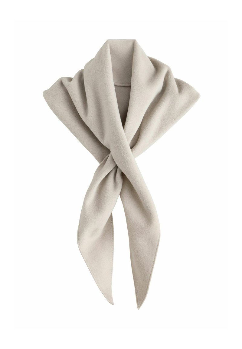 Beige fleece scarf, featuring a wide, triangular design with soft texture and pointed ends, elegantly tied at the center.
