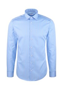 Camicia da uomo a maniche lunghe di colore azzurro chiaro con strisce verticali bianche, chiusura a bottoni sul davanti e colletto a punta.