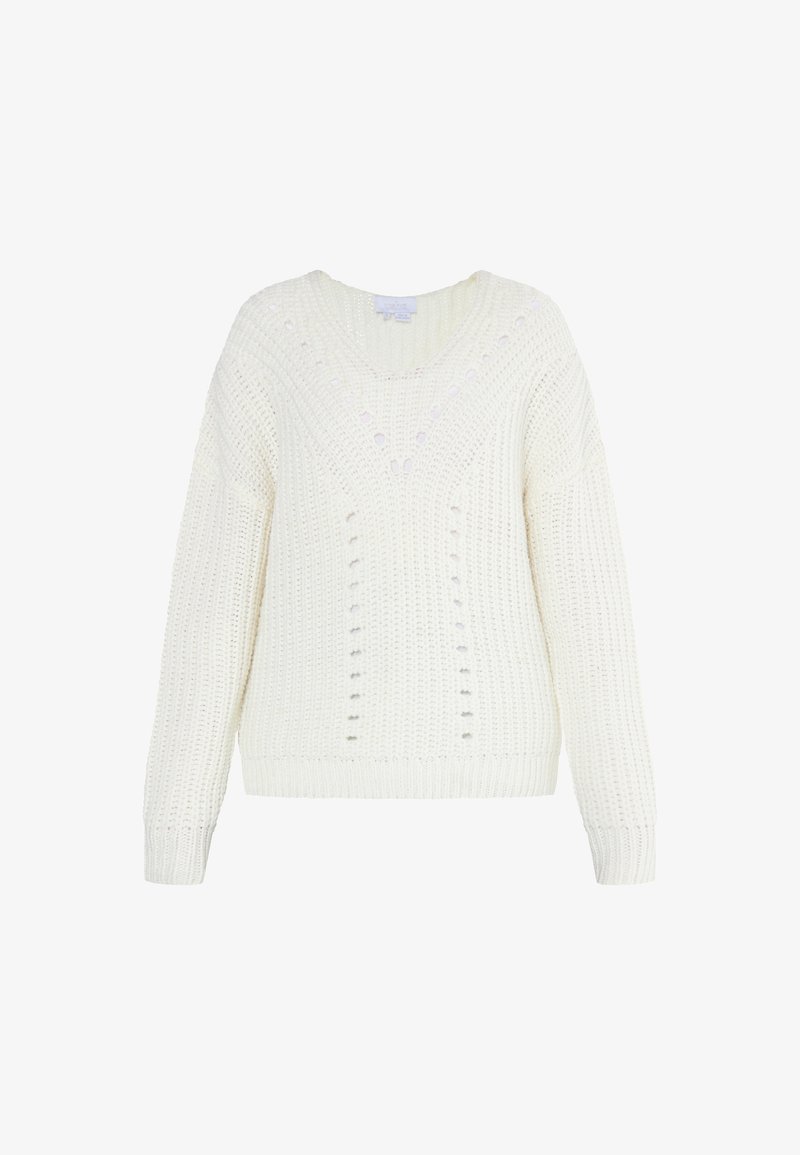 White knitted sweater with a v-neck, long sleeves, and open stitch details. Textured fabric and ribbed hemline.