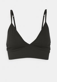 Bralette preta com nervuras, com um design em V, alças ajustáveis e bordas sem costuras. Feita de um tecido macio e elástico para conforto.