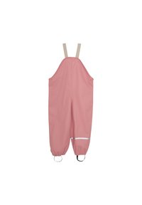 Roze waterdichte overall met elastische manchetten, beige verstelbare banden en een reflecterende strook nabij de zoom. Gladde, matte textuur.