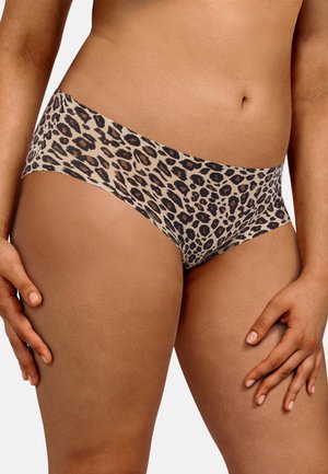 Hipster-Slips mit Leopardenmuster aus einem glatten, dehnbaren Stoff in Beige- und Schwarztönen, mit nahtlosem Design und bequemem Sitz.
