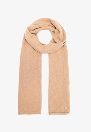 Beżowy wełniany szalik o miękkiej teksturze, prostokątnym kształcie i małej metce z logo na jednym końcu. Odpowiedni do różnych stylów.