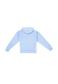 Hellblauer Hoodie mit einer vorderen Kängurutasche, gerippten Bündchen und Saum. Der Stoff wirkt weich mit einer glatten Textur und einem schlichten Design.