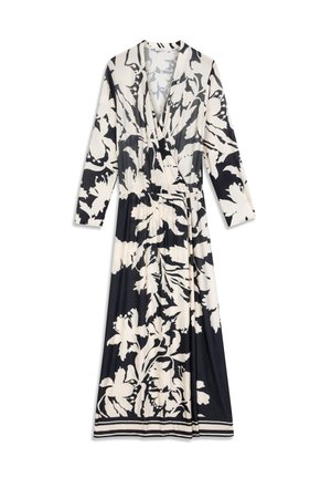 Robe longue avec décolleté en V, manches longues, et un motif floral noir et crème. Confectionnée en tissu doux avec une taille cintrée.