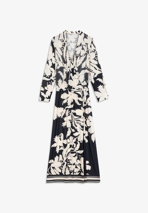Robe longue avec décolleté en V, manches longues, et un motif floral noir et crème. Confectionnée en tissu doux avec une taille cintrée.