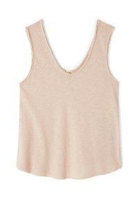 Jasnoróżowa top bez rękawów z głębokim dekoltem w kształcie litery V, miękką fakturą, surowymi brzegami i sylwetką w kształcie litery A.