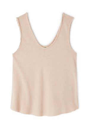 Blassrosa ärmelloses Oberteil mit tiefem V-Ausschnitt, weichem Stoff, rohem Kanten-Detailing und A-Linien-Silhouette.