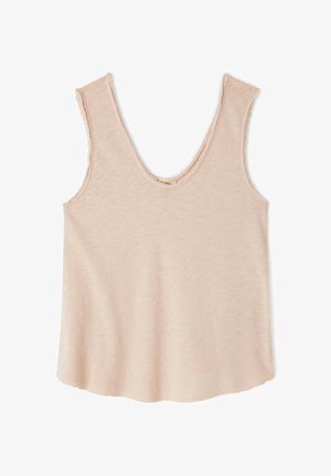 Blassrosa ärmelloses Oberteil mit tiefem V-Ausschnitt, weichem Stoff, rohem Kanten-Detailing und A-Linien-Silhouette.