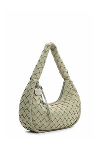 Geweven hobo tas in lichtgroen, met een dikke handgreep, ritsluiting en een afneembare charme. Zachte textuur met een geometrisch patroon.