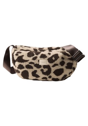 Sac bandoulière en polaire avec motif léopard noir et beige et sangle réglable marron foncé.