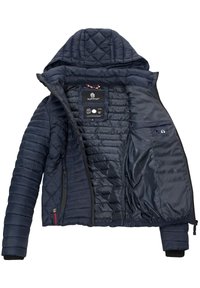 Veste matelassée bleu marine avec capuche, ouverte pour montrer la doublure intérieure, l'étiquette de la marque et une poche intérieure avec icône casque.